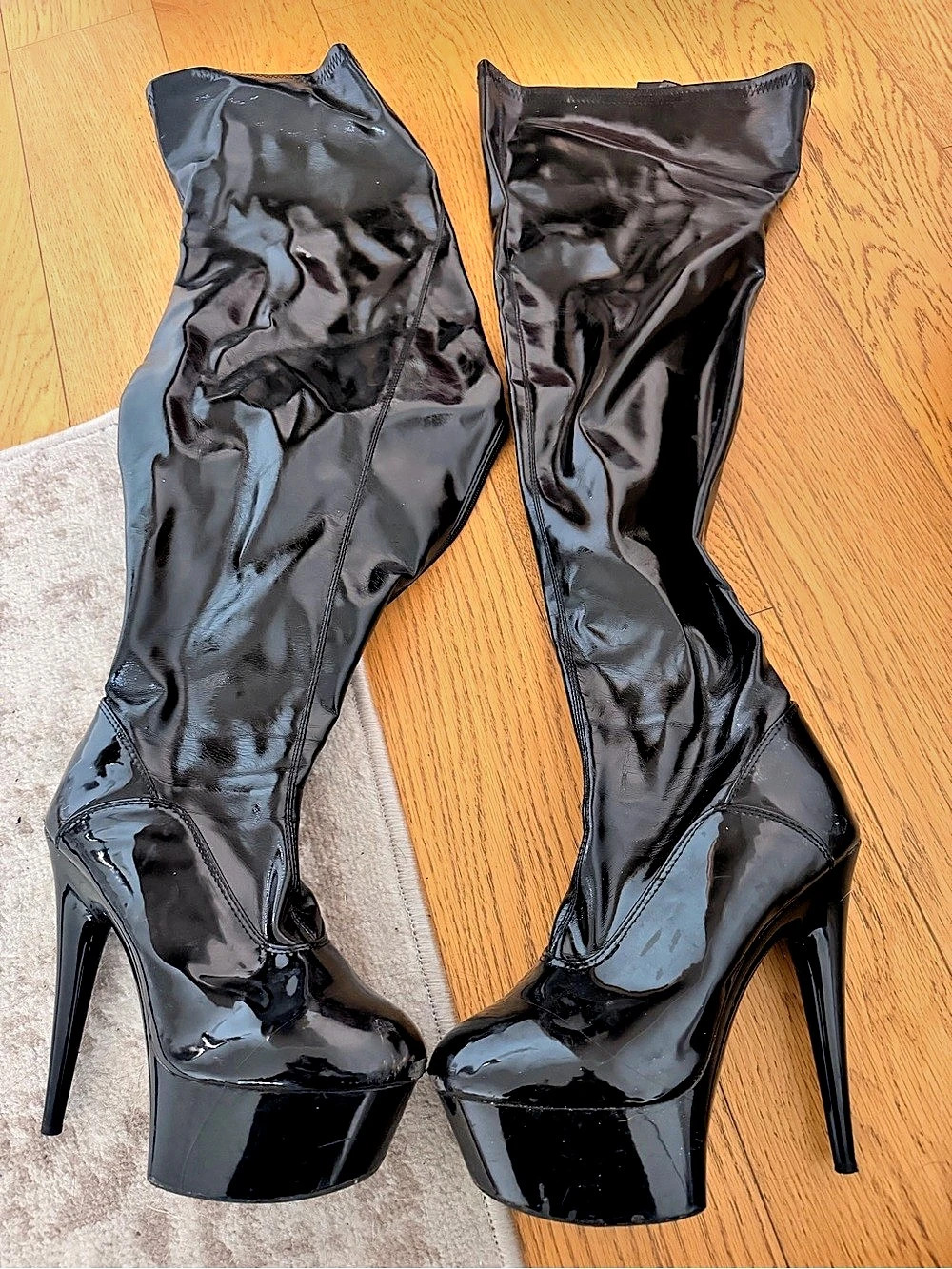 Pleaser Adore-3000 Black Patent Over-the-Knee Platform Boots